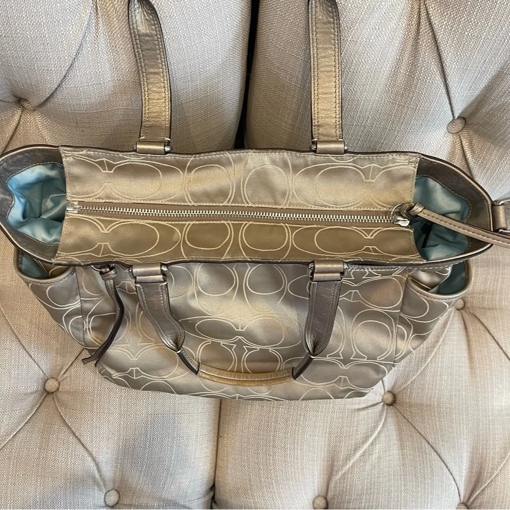 COACH Metallic Gold And Light khaki SIGNATURE Monogram TOTE Diaper Bag No strap
